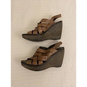BORN Isamar Slingback Wedge Woven Sandal Heel Sz 8M EU 39 Brown Leather Strap